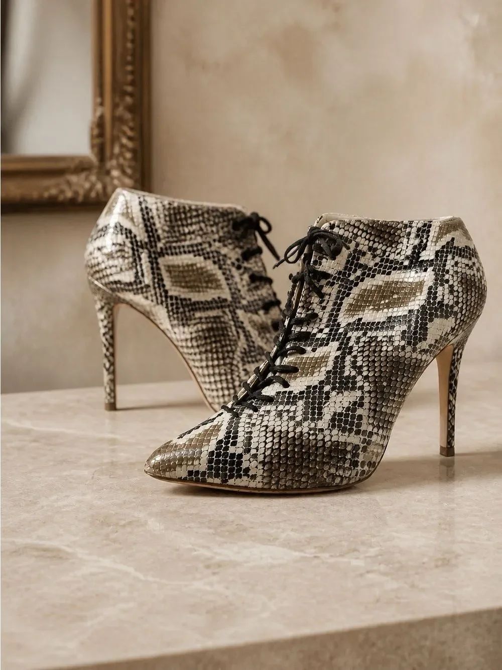 Snake-Print Lace-Up Stiletto Booties in Neutral